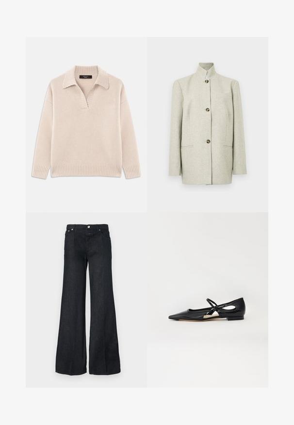 Lysebeige uldblazer med høj krave, tre mørke knapper foran, to sidelommer og en brystlomme, vist på ensfarvet baggrund.; Beige strikket sweater med V-udskæring og ribbet krave. Har lange ærmer og ribbet kant. Blød tekstur.; Sorte, vide cowboybukser med forlommer, bæltestropper og knaplukning i taljen.; Sorte patenterede lædersko med spids tå, åbne sider og en sløjfedetalje. Har en lav hæl og en glat overflade.