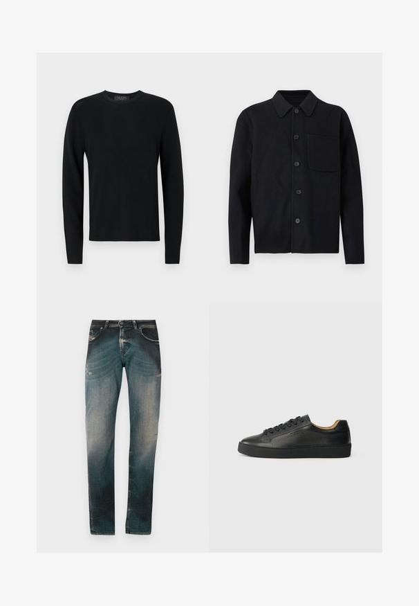 Sort langærmet skjorte med knapper, krave og enkelt brystlomme på venstre side, vist mod en lys baggrund.; Sort bomulds sweater med lange ærmer, ribbet tekstur, rund hals og tætsiddende ærmer. Enkel design uden mønstre eller detaljer.; Blå slidte slim-fit denim jeans med let slid og whisker-detaljer, der har både for- og baglommer samt bæltestropper.; Sorte lavtop lædersneakers med tekstureret overflade, sorte snørebånd og tyk gummisål, vist fra siden på en lys baggrund.