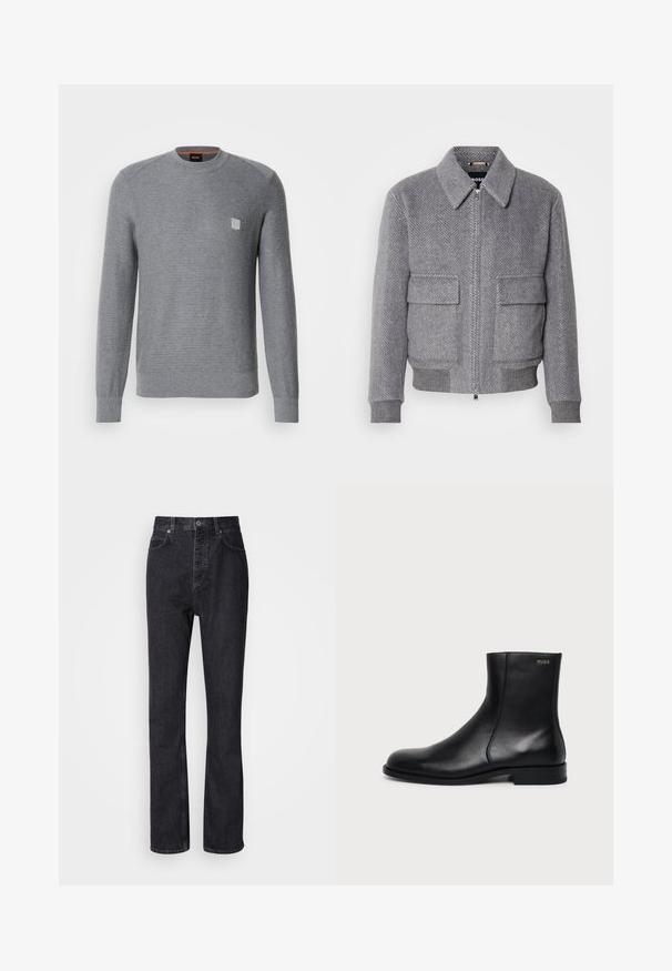 Grau karierter Jackett mit Kragen, Frontreißverschluss und zwei Klappentaschen. Verfügt über gerippte Bündchen und Saum für eine optimale Passform.; Grauer, gestrickter Pullover mit langen Ärmeln, gerippten Bündchen und Rundhalsausschnitt. Verfügt über ein kleines quadratisches Logo auf der Brust.; Hochtaillierte schwarze Jeans aus Denim mit Knopf- und Reißverschluss, Vorder- und Hintertaschen sowie einer geraden Passform.; Schwarzer Leder-Knöchelstiefel mit niedrigem Absatz, seitlicher Naht und kleinem "HUGO" Logo am oberen Schaft vor einfarbigem Hintergrund.
