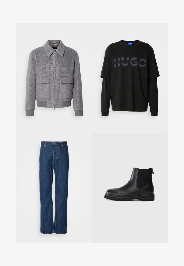 Grå jakke med fiskebensmønster, krave, frontlynlås og to klaplommer. Har ribbede manchetter og kant for bedre pasform.; Sort oversized t-shirt med rund halsudskæring. Har et fremtrædende mat sort "HUGO" logo på brystet. Blødt bomuldsmateriale, lange ærmer.; Blå denim jeans med lige ben, der har en knaplukning, fem lommer og kontraststikninger langs sømmene.; Sorte læder ankelstøvler med elastiske sidepaneler, rund tå og en robust gummisål med dybe riller for bedre greb.
