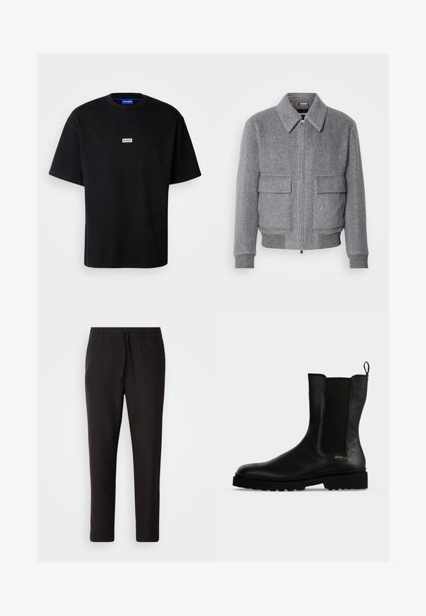 Grau karierter Jackett mit Kragen, Frontreißverschluss und zwei Klappentaschen. Verfügt über gerippte Bündchen und Saum für eine optimale Passform.; Schwarzes Baumwoll-T-Shirt mit Rundhalsausschnitt, kurzen Ärmeln und einem weißen rechteckigen "HUGO"-Logo auf der Brust. Glatte Textur, lockere Passform.; Schwarze Jogginghose aus glattem Stoff. Mit einem elastischen Bund und Kordelzug, schmal zulaufenden Beinen und ohne sichtbare Taschen. Einfaches Design.; Schwarzer Leder-Stiefelette mit elastischem Seitenteil, grober Sohle und Zuglasche hinten, mit kleinem goldenem "Hugo" Logo nahe der Ferse.