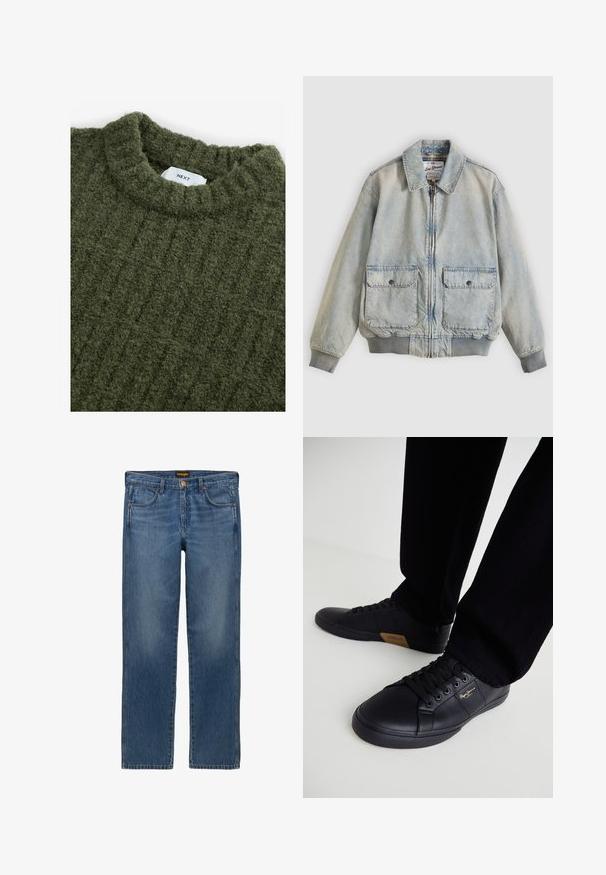 Lyseblå denimjakke med lynlås foran, to forlommer, ribstrikkede manchetter og krave. Har etternetterneture med ternet foer. Casual design.; Grøn strikket sweater med høj hals, struktureret overflade og subtile lodrette ribber. Har et syet mærke ved halsudskæringen.; Straight-leg blå denimjeans med forlommer, kobbernitter, knaplukning og Wrangler-mærke på taljen.; Sorte lædersneakers med et elegant design, der har en struktureret overflade, rund tå og sorte snørebånd. Guld logo detaljer på siden.