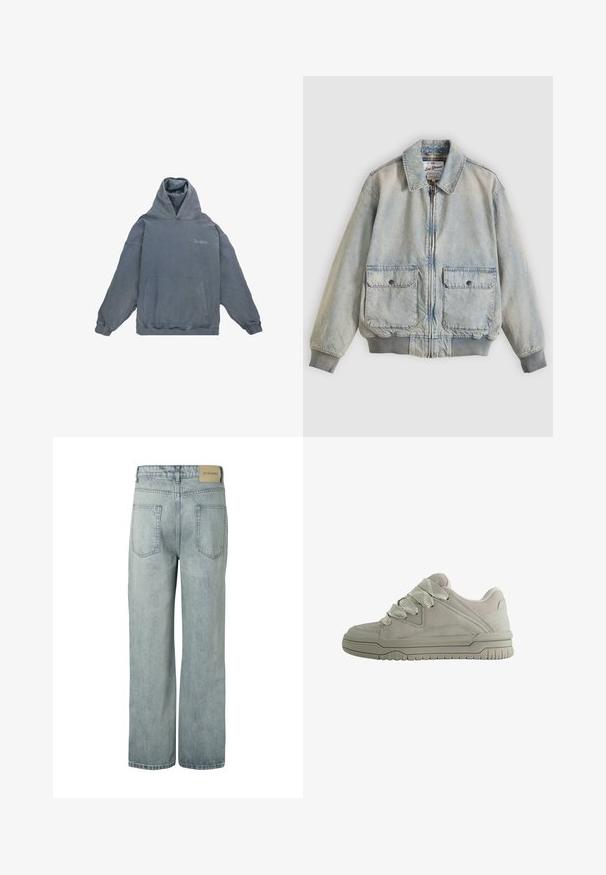 Veste en denim bleu clair avec fermeture éclair à l'avant, deux poches avant, poignets côtelés et col. Doublure à carreaux. Design décontracté.; Haut en coton gris avec une poche kangourou à l'avant, capuche à cordon et poignets côtelés. Présente un subtil texte "Dropsize" sur la poitrine.; Jean en denim bleu clair à jambes droites, avec deux poches arrière et un écusson beige de la marque sur la ceinture.; Baskets basses grises avec de larges lacets texturés, col rembourré, panneaux cousus et semelle en caoutchouc rainurée pour une meilleure adhérence.