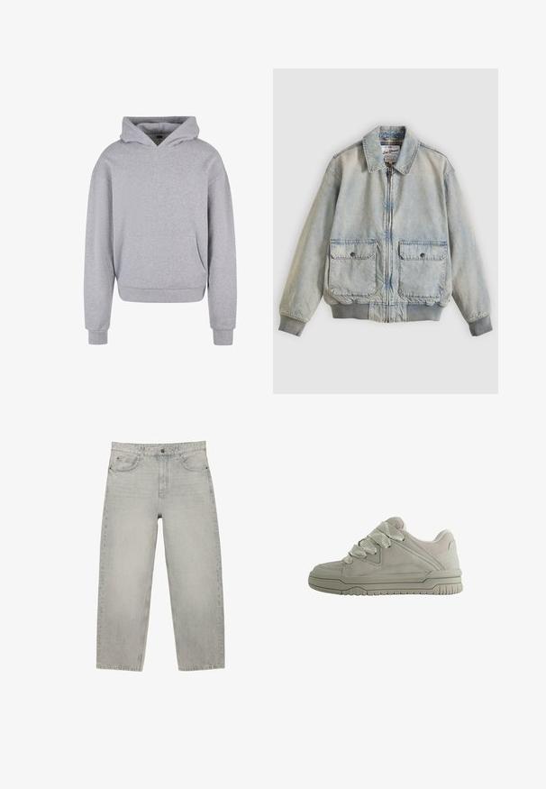 Lichtblauwe spijkerjasje met een ritssluiting aan de voorkant, twee voorzakken, geribbelde manchetten en een kraag. Voorzien van een ruitvoering. Casual ontwerp.; Grijze katoenen hoodie met een voorzak, een capuchon met trekkoord en ribgebreide manchetten en zoom. Heeft een zachte, gestructureerde afwerking.; Lichtgrijze denim jeans met een hoge taille, rechte pijpen, knoopsluiting aan de voorkant en vijf zakken, plat gelegd op een witte achtergrond.; Laag model grijze sneaker met dikke, gestructureerde veters, gevoerde kraag, gestikte panelen en een geribbeld rubberen zool voor grip.