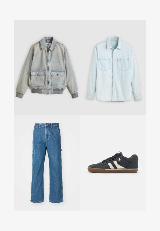 Lichtblauwe spijkerjasje met een ritssluiting aan de voorkant, twee voorzakken, geribbelde manchetten en een kraag. Voorzien van een ruitvoering. Casual ontwerp.; Lichtblauw denim overhemd met lange mouwen, knopen aan de voorkant, twee borstzakken en een kraag, afgebeeld tegen een effen lichte achtergrond.; Blauwe denim cargobroek met een relaxed fit, voorzien van zijzakken, een rits en contrasterende stiksels op de naden.; Donkerblauwe suède sneaker met crèmekleurige stripes, zwarte veters en een bruine rubberen zool. Heeft een gevoerde kraag en een logo op de zijkant.