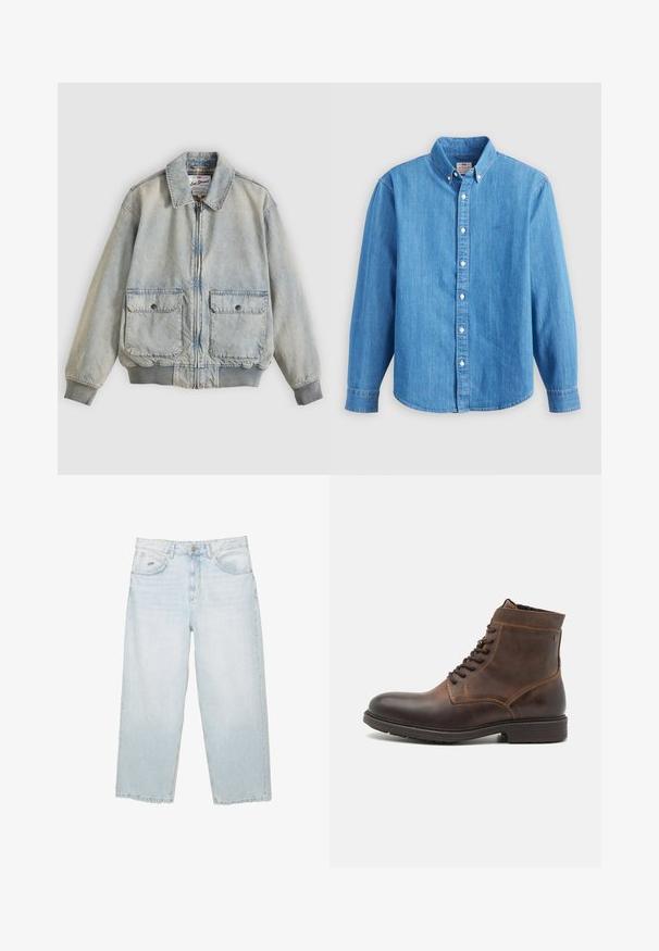 Lyseblå denimjakke med lynlås foran, to forlommer, ribstrikkede manchetter og krave. Har etternetterneture med ternet foer. Casual design.; Lyseblå denimskjorte med lange ærmer, knap-ned krave og hvide knapper. Har et lille broderet logo på brystet.; Lysblå højtaljede straight-leg jeans med frontknap, lommer og lille mærket metalmærke på den højre forlommer.; Jack & Jones JFWDELANEY BOOT - Snørestøvletter - cognac
