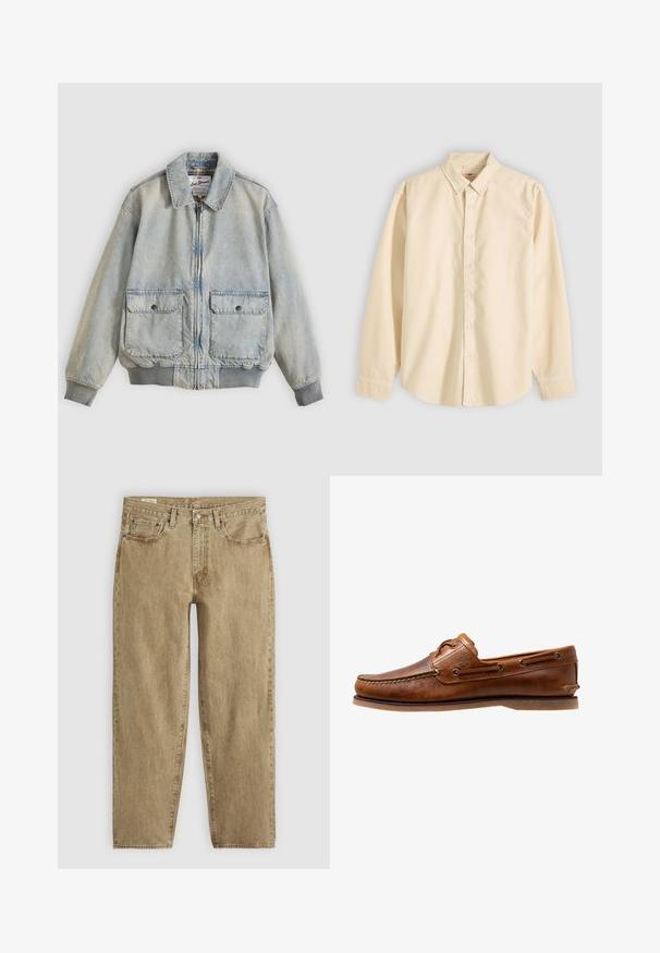 Veste en denim bleu clair avec fermeture éclair à l'avant, deux poches avant, poignets côtelés et col. Doublure à carreaux. Design décontracté.; Chemise beige à manches longues avec col et boutons, présentée à plat avec les boutons fermés et les poignets boutonnés sur un fond clair.; Jeans en denim beige à coupe décontractée, à cinq poches, avec des coutures visibles et une texture légèrement délavée ; fermeture par bouton et zip.; Chaussures bateau en cuir marron avec des accents cousus, présentant des œillets en métal, une couture surélevée sur le bout et une semelle plate en caoutchouc.