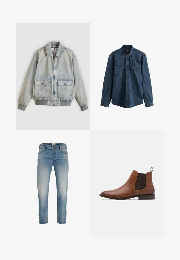 Lichtblauwe spijkerjasje met een ritssluiting aan de voorkant, twee voorzakken, geribbelde manchetten en een kraag. Voorzien van een ruitvoering. Casual ontwerp.; Donkerblauw denim overhemd met lange mouwen, knopen aan de voorkant, puntige kraag en twee borstzakken met kleppen en knopen.; Lichtblauwe vervaagde straight-leg jeans met vijf zakken en een knoopsluiting, weergegeven met de voorkant naar voren op een witte achtergrond.; Zign by Zalando LEATHER - Lage laarzen - cognac