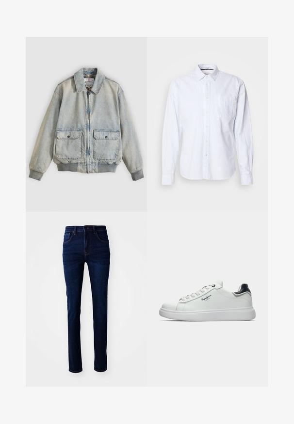 Veste en denim bleu clair avec fermeture éclair à l'avant, deux poches avant, poignets côtelés et col. Doublure à carreaux. Design décontracté.; Une chemise blanche à manches longues avec des rayures verticales bleu clair. Design à boutons avec une seule poche poitrine et une petite étiquette de marque sur la poche.; Jeans en denim bleu foncé avec une coupe droite, un design à cinq poches et des coutures discrètes. Le tissu a une texture lisse.; Baskets blanches basses avec un accent noir au talon, lacets blancs et logo "Pepe Jeans London" sur le côté, présentées en profil sur un fond blanc.