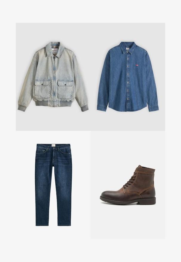 Hellblaue Jeansjacke mit Reißverschluss vorne, zwei Vordertaschen, gerippten Bündchen und Kragen. Mit kariertem Futter. Lässiges Design.; Langärmliges blaues Denimhemd mit Kragen und beigen Knöpfen, mit kleinem roten Levi's-Logo auf der linken Brust.; Dunkelblaue Denim-Jeans mit geradem Bein, fünf Taschen, Gürtelschlaufen und dezentem Verblassen. Der Stoff hat eine glatte Textur.; Jack & Jones JFWDELANEY BOOT - Schnürstiefelette - cognac