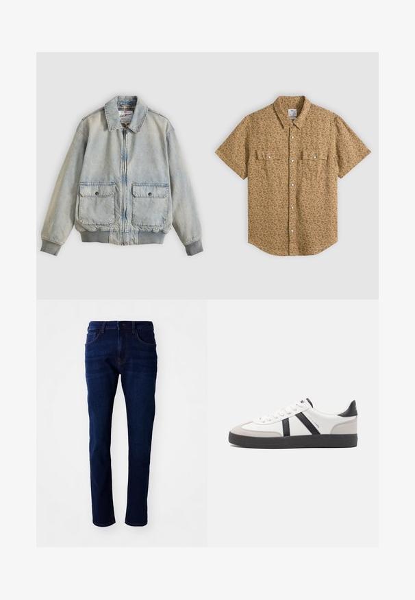 Ανοιχτό μπλε denim μπουφάν με φερμουάρ μπροστά, δύο μπροστινές τσέπες, ριμπ μανσέτες και γιακά. Διαθέτει εσωτερική φόδρα με καρό σχέδιο. Casual σχεδιασμός.; Μπεζ πουκάμισο με κοντά μανίκια σε στενή εφαρμογή, με μικρό σκοτεινό ανθικό σχέδιο και δύο τσέπες με καπάκι και κουμπιά στο μπροστινό μέρος.; Σκούρο μπλε τζιν παντελόνι με ίσια γραμμή, πέντε τσέπες και κλασικό κουμπί κλεισίματος. Το ύφασμα έχει λεία υφή με διακριτική φθορά.; Λευκό αθλητικό παπούτσι με μαύρες και γκρί λεπτομέρειες, featuring ένα υφή γκρί καλύμμα δαχτύλου, μαύρη καουτσούκ σόλα και επίπεδες λευκές κορδόνες. Καθαρός σχεδιασμός, μινιμαλιστικό στυλ.