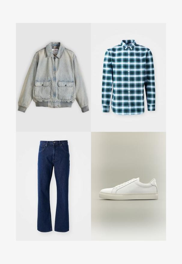 Lichtblauwe spijkerjasje met een ritssluiting aan de voorkant, twee voorzakken, geribbelde manchetten en een kraag. Voorzien van een ruitvoering. Casual ontwerp.; Groene en witte geblokte overhemd met lange mouwen, een button-down kraag en knopen aan de voorkant. Gemaakt van lichtgewicht stof, met een gestructureerd ontwerp.; Donkerblauwe rechte denim jeans met knoop- en ritsluiting, riemlussen en voorzakken tegen een effen achtergrond.; Witte lage sneaker met veters aan de voorkant en dikke zool, zijaanzicht tegen een neutrale achtergrond.