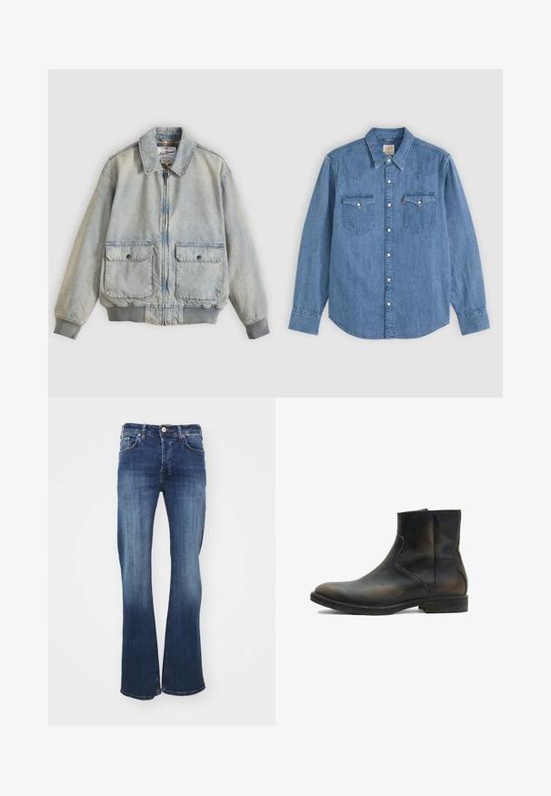 Ανοιχτό μπλε denim μπουφάν με φερμουάρ μπροστά, δύο μπροστινές τσέπες, ριμπ μανσέτες και γιακά. Διαθέτει εσωτερική φόδρα με καρό σχέδιο. Casual σχεδιασμός.; Μπλε τζιν πουκάμισο με μακριά μανίκια, μυτερό γιακά, κουμπωτό μπροστά και δύο τσέπες στο στήθος με καπάκια και κουμπιά, σε απλό φόντο.; Σκούρο μπλε τζιν παντελόνι σε φαρδιά γραμμή με πέντε τσέπες, κλείσιμο με κουμπί μπροστά και διακριτική φθορά από το γόνατο έως το τελείωμα. Διαθέτει κλασική γραμμή και λεπτομέρειες ραφής.; AllSaints LANG - Κλασικές μπότες αστραγάλου - brown
