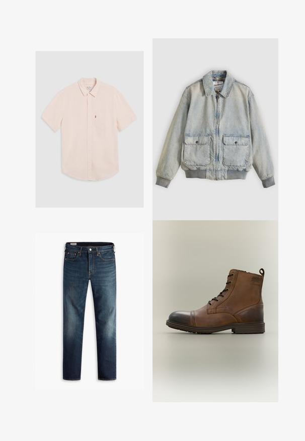 Hellblaue Jeansjacke mit Reißverschluss vorne, zwei Vordertaschen, gerippten Bündchen und Kragen. Mit kariertem Futter. Lässiges Design.; Kurzärmliges, hellrosa Hemd mit Knopfleiste und Kragen, linke Brusttasche und abgerundetem Saum. Aus weichem Stoff mit minimaler Struktur.; Dunkelblaue Jeans mit geradem Bein, fünf Taschen und Kupferbeschlägen. Ausgebleichte Stellen an den Beinen sorgen für einen Texturkontrast.; Brauner Leder-Schnürstiefel bis zum Knöchel mit schwarzer Zehenkappe, runder Sohle und Markenlabel an der Seite vor schlichtem Hintergrund.