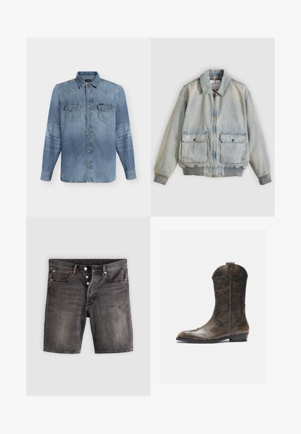Ανοιχτό μπλε denim μπουφάν με φερμουάρ μπροστά, δύο μπροστινές τσέπες, ριμπ μανσέτες και γιακά. Διαθέτει εσωτερική φόδρα με καρό σχέδιο. Casual σχεδιασμός.; Μπλε τζιν πουκάμισο με μακριά μανίκια και κούμπωμα με κουμπιά, δύο μπροστινές τσέπες με καπάκια και κουμπιά, καθώς και κλασικό γιακά, εμφανίζεται σε απλό φόντο.; Μαύρα φθαρμένα τζιν σορτς με κουμπιά στο εμπρός μέρος, τσέπες μπροστά και πίσω, και λεπτομέρειες με χαλκομανίες σε ανοιχτό γκρι φόντο.; Καφέ δερμάτινη καουμπόικη μπότες με ψηλό λαιμό, μυτερή μύτη, περίπλοκα σχέδια ραφής και μικρό τακούνι. Υφή σε όλη την επιφάνεια.