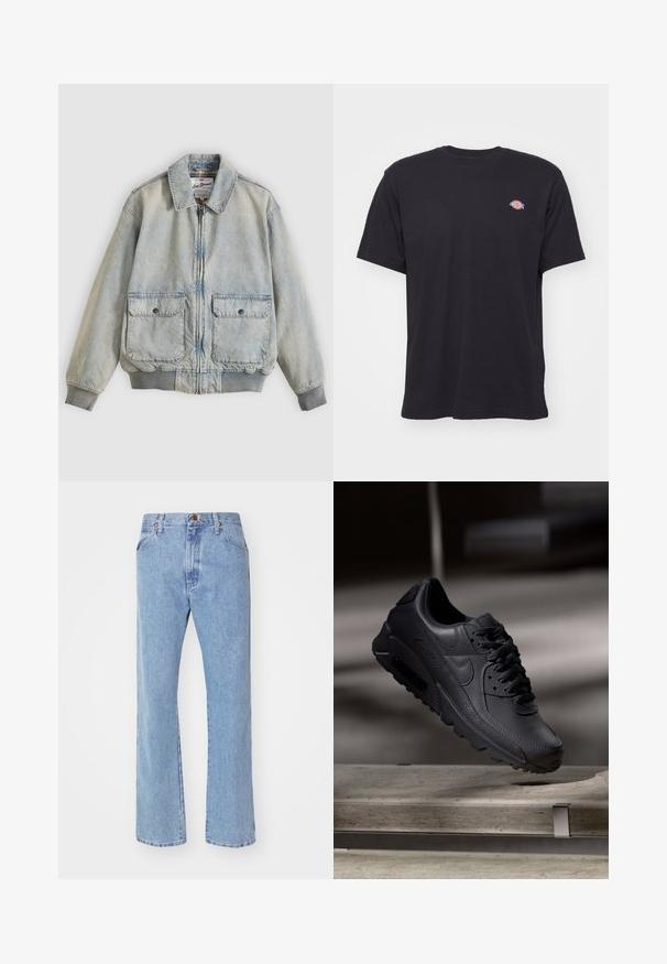 Hellblaue Jeansjacke mit Reißverschluss vorne, zwei Vordertaschen, gerippten Bündchen und Kragen. Mit kariertem Futter. Lässiges Design.; Schwarzes T-Shirt mit kurzen Ärmeln und Rundhalsausschnitt, mit kleinem buntem Dickies-Logo auf der linken Brust vor einfarbigem Hintergrund.; Hellblaue Jeans mit geradem Bein, Frontknopf- und Reißverschluss, Gürtelschlaufen und normalen Vordertaschen.; Schwarze Nike Air Max Sneaker mit einem strukturierten Leder-Obermaterial, Gummisohle und auffälligem Schnürsystem, das ein schlankes, modernes Design präsentiert.