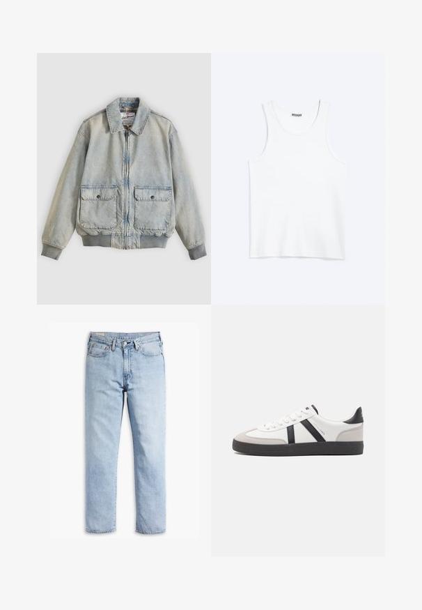 Lyseblå denimjakke med lynlås foran, to forlommer, ribstrikkede manchetter og krave. Har etternetterneture med ternet foer. Casual design.; Hvid ærmeløs tanktop med rund halsudskæring og Weekday-mærke på den indvendige baghals, vist fladt på lys baggrund.; Lyseblå denimjeans med lige ben, fem-lommerstil og robust syning. Har lynlås og metalknap.; Hvide sneakers med sorte og grå detaljer, med en tekstureret grå tåhætte, sort gummisål og flade hvide snørebånd. Rent design, minimalistisk stil.