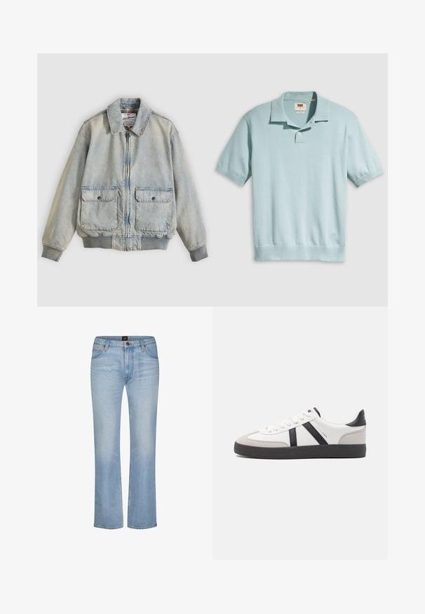 Hellblaue Jeansjacke mit Reißverschluss vorne, zwei Vordertaschen, gerippten Bündchen und Kragen. Mit kariertem Futter. Lässiges Design.; Hellblaues Poloshirt mit kurzen Ärmeln, geripptem Saum und Ärmelbündchen, Knopfleiste und Levi's-Label im Kragen.; Hellblaue Jeans mit geradem Bein, Fronttaschen, Gürtelschlaufen, Reißverschluss und einem gebrandeten Knopfverschluss an der Taille.; Weiße Sneaker mit schwarz- und grau-aczenten, ausgestattet mit einer strukturierten grauen Zehenkappe, schwarzer Gummi-Sohle und flachen weißen Schnürsenkeln. Sauberes Design, minimalistische Stil.