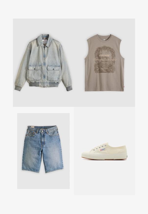 Ανοιχτό μπλε denim μπουφάν με φερμουάρ μπροστά, δύο μπροστινές τσέπες, ριμπ μανσέτες και γιακά. Διαθέτει εσωτερική φόδρα με καρό σχέδιο. Casual σχεδιασμός.; Αμάνικη μπεζ μπλούζα με γραφικό σε vintage στυλ που απεικονίζει λουλούδια και φυσικό πλαίσιο παραθύρου με την επιγραφή «ΔΡΑΣΤΗΡΙΟΤΗΤΑ Μέσα από το παράθυρο στην ψυχή μου.»; Τζιν σορτσάκια σε ανοιχτό μπλε με κλασική γραμμή. Διαθέτουν πέντε τσέπες, πορτοκαλί ραφές και ακατέργαστες άκρες.; Μπεζ αθλητικά παπούτσια από καμβά με σχεδίαση χαμηλού προφίλ, μεταλλικά μάτια και καουτσούκ σόλα. Διαθέτουν υφή σε σχέδιο και λεπτομέρεια λογότυπου στο πλάι.