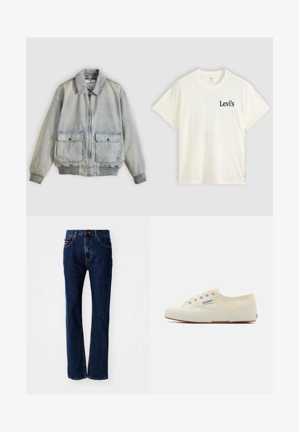 Lyseblå denimjakke med lynlås foran, to forlommer, ribstrikkede manchetter og krave. Har etternetterneture med ternet foer. Casual design.; Hvid T-shirt med korte ærmer og rund hals med lille sort Levi's-logo på venstre bryst mod en ensfarvet baggrund.; Mørkeblå denimjeans med lige ben-design, der har to forlommer og en knaplukning. Diskrete syninger.; Beige lærredssneaker med et lavprofildesign, metaløjet og gummisål. Har et tekstureret mønster og logodetalje på siden.