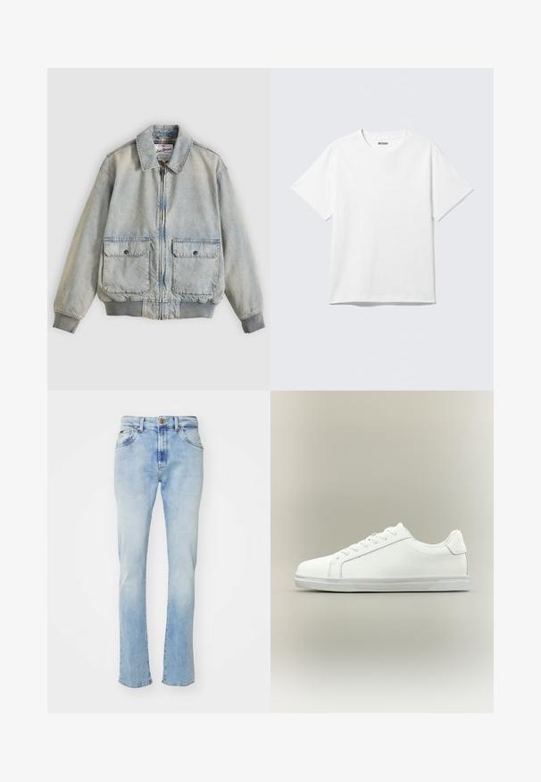 Lyseblå denimjakke med lynlås foran, to forlommer, ribstrikkede manchetter og krave. Har etternetterneture med ternet foer. Casual design.; Hvid kortærmet crewneck T-shirt lagt fladt ud, ensfarvet design, med "WEEKDAY" mærkat inde i kraven på en lys baggrund.; Lyseblå denim jeans med lige pasform, der har fem lommer, knaplukning og subtil falming ved lårene og kanten.; Lavtop hvid sneaker med snørelukning foran og tekstureret gummisål mod en ensartet neutral baggrund.