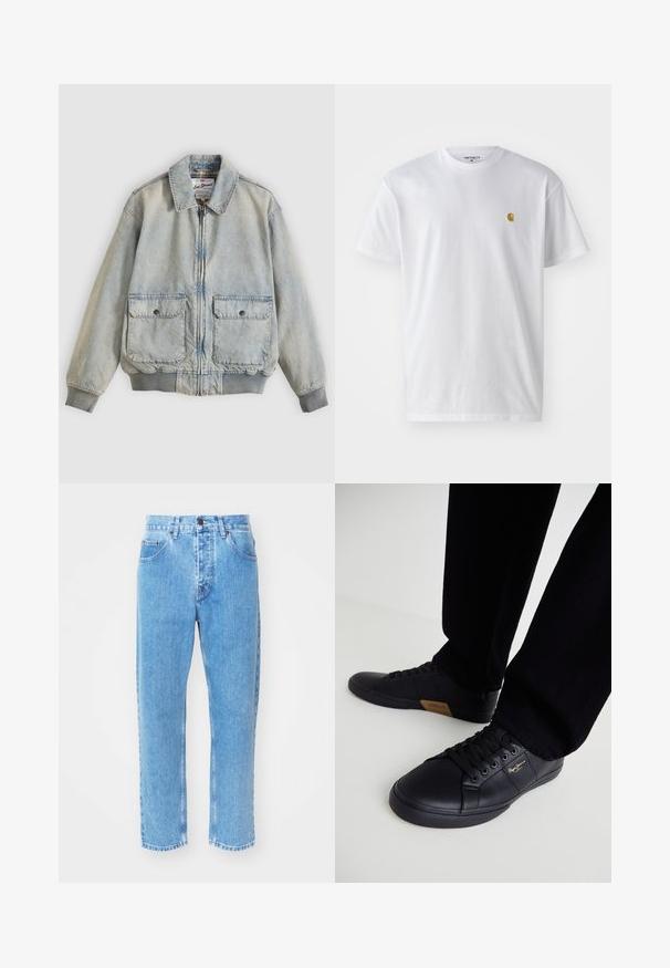 Hellblaue Jeansjacke mit Reißverschluss vorne, zwei Vordertaschen, gerippten Bündchen und Kragen. Mit kariertem Futter. Lässiges Design.; Weißes Baumwoll-T-Shirt mit kurzen Ärmeln, Rundhalsausschnitt, mit einem kleinen goldenen Logo im linken Brustbereich. Weicher Stoff und normale Passform.; Hellblaue Denim-Jeans verfügen über ein gerades Bein-Design, fünf Taschen und einen klassischen Knopfverschluss am Bund.; Schwarze Sneakers aus Leder mit schlankem Design, ausgestattet mit einer strukturierten Oberfläche, runder Schuhspitze und schwarzen Schnürsenkeln. Goldenes Logo-Detail an der Seite.
