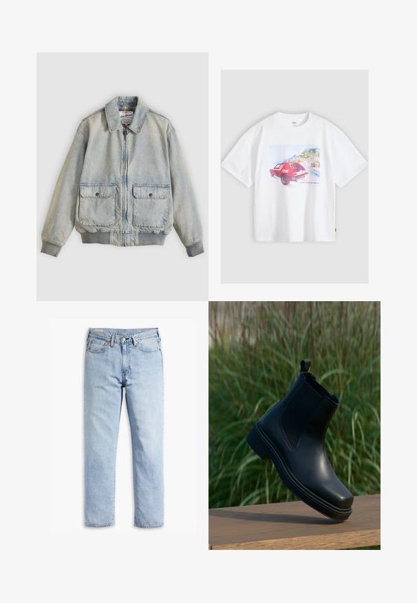 Lichtblauwe spijkerjasje met een ritssluiting aan de voorkant, twee voorzakken, geribbelde manchetten en een kraag. Voorzien van een ruitvoering. Casual ontwerp.; Wit T-shirt met een rode vintageauto met het Levi’s-logo, geparkeerd naast een kustplaatsje met heuvels en gebouwen op de achtergrond.; Lichtblauwe denim jeans met een rechte pijpdesign, vijfzakkenstijl en stevige stiksel-details. Voorzien van een rits en metalen knop.; Zwarte leren Chelsea-boot met elastische zijkanten, ronde neus, lage hak en een lussen achteraan, tegen een vage groene achtergrond.