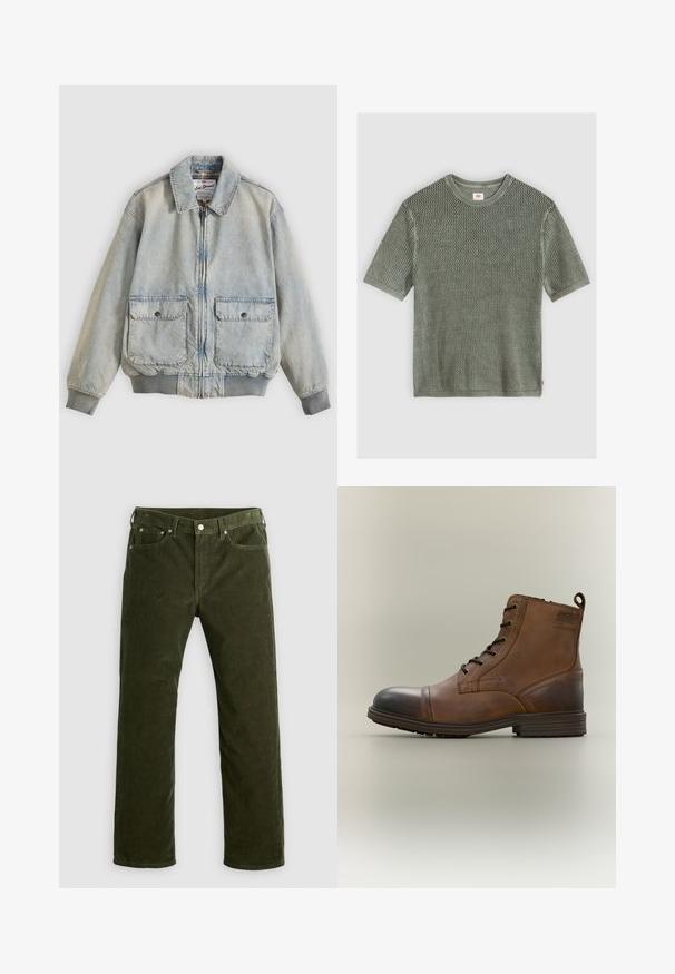 Veste en denim bleu clair avec fermeture éclair à l'avant, deux poches avant, poignets côtelés et col. Doublure à carreaux. Design décontracté.; Pull tricoté à manches courtes vert olive clair avec motif texturé et col rond, étalé à plat sur un fond gris clair.; Pantalons en velours côtelé vert olive à jambe droite avec bouton avant, fermeture éclair, passants de ceinture et design à cinq poches sur fond blanc.; Botte cheville en cuir marron à lacets avec bout noir, semelle ronde et détail de marque sur le côté sur fond uni.