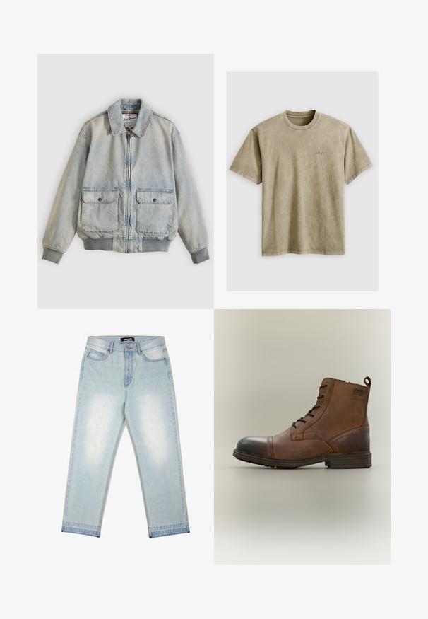 Ανοιχτό μπλε denim μπουφάν με φερμουάρ μπροστά, δύο μπροστινές τσέπες, ριμπ μανσέτες και γιακά. Διαθέτει εσωτερική φόδρα με καρό σχέδιο. Casual σχεδιασμός.; Ανοιχτό καφέ, κοντομάνικο μπλουζάκι με στρογγυλή λαιμόκοψη, κατασκευασμένο από μαλακό ύφασμα. Διαθέτει ένα μικρό κεντημένο λογότυπο στο στήθος.; Pegador BARROW - Χαλαρό τζιν - sand washed blue; Καφέ δερμάτινο μποτάκι με κορδόνια έως τον αστράγαλο, με μαύρη επένδυση μύτης, στρογγυλή σόλα και λογότυπο στο πλάι, σε απλό φόντο.