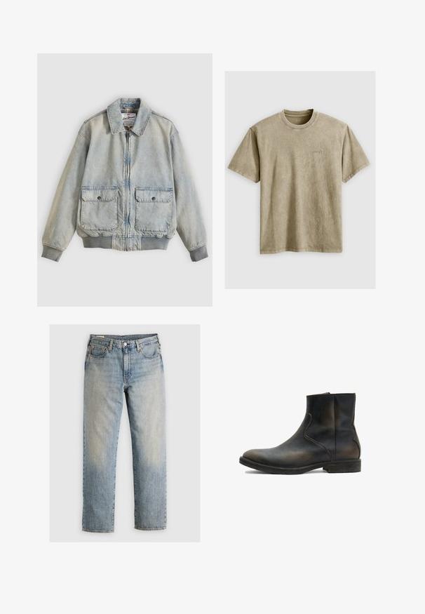 Ανοιχτό μπλε denim μπουφάν με φερμουάρ μπροστά, δύο μπροστινές τσέπες, ριμπ μανσέτες και γιακά. Διαθέτει εσωτερική φόδρα με καρό σχέδιο. Casual σχεδιασμός.; Ανοιχτό καφέ, κοντομάνικο μπλουζάκι με στρογγυλή λαιμόκοψη, κατασκευασμένο από μαλακό ύφασμα. Διαθέτει ένα μικρό κεντημένο λογότυπο στο στήθος.; Ανοιχτό μπλε τζιν παντελόνι με ίσια γραμμή, πέντε τσέπες και ορατές ραφές. Φθαρμένος τόνος και χάλκινες λεπτομέρειες.; AllSaints LANG - Κλασικές μπότες αστραγάλου - brown