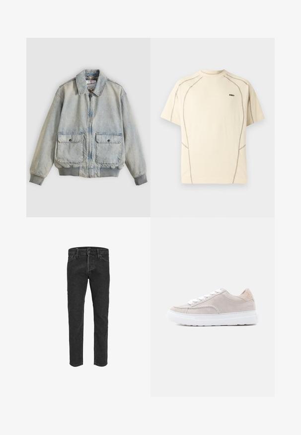 Lyseblå denimjakke med lynlås foran, to forlommer, ribstrikkede manchetter og krave. Har etternetterneture med ternet foer. Casual design.; Beige kortærmet t-shirt med mørk kontrastsyning og lille "OBEY"-logo på venstre bryst mod en lys baggrund.; Sorte denimbukser med lige ben, fem lommer og bæltestropper, der har en let falmet tekstur og kontraststing. ; Lysegrå ruskindsneaker med hvide snørebånd, tekstureret bagpå og hvid gummisål. Har minimal syning og branding på hælen.