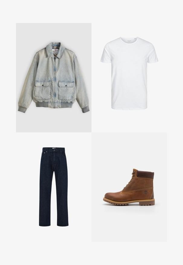 Lyseblå denimjakke med lynlås foran, to forlommer, ribstrikkede manchetter og krave. Har etternetterneture med ternet foer. Casual design.; Rundhals kortærmet t-shirt i ensfarvet hvid, lavet af blød bomuld, har et simpelt design uden synlige mønstre eller detaljer.; Mørkeblå lige denim jeans med foran knap- og lynlåslukning, bælteholdere og forlommer.; Brun læder vandrestøvle med en glat finish, polstret ankel, metalliske snørehuller og en gummisål med et robust dækmønster.