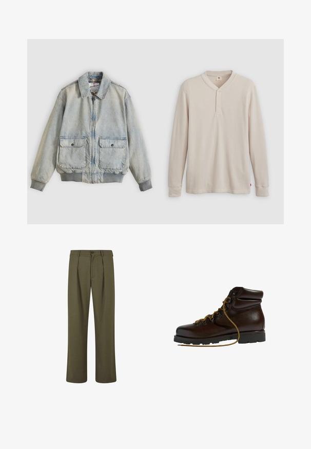 Veste en denim bleu clair avec fermeture éclair à l'avant, deux poches avant, poignets côtelés et col. Doublure à carreaux. Design décontracté.; T-shirt henley à manches longues en tissu côtelé beige clair, avec un col en V, une patte de boutonnage à trois boutons et des manches à poignets. Étiquette logo rouge à l'ourlet.; Pantalons vert olive avec une coupe ajustée, présentant des plis à l'avant, une fermeture à bouton et des jambes droites. Texture de tissu lisse.; Bottine de randonnée en cuir marron avec un bout arrondi, surface texturée, lacets jaunes et œillets en métal. Dotée d'une semelle en caoutchouc noir robuste.