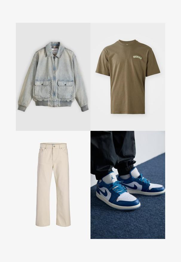 Ανοιχτό μπλε denim μπουφάν με φερμουάρ μπροστά, δύο μπροστινές τσέπες, ριμπ μανσέτες και γιακά. Διαθέτει εσωτερική φόδρα με καρό σχέδιο. Casual σχεδιασμός.; Ελαιόχρουν βαμβακερό μπλουζάκι κοντομάνικο, με στρογγυλή λαιμόκοψη και μικρό λευκό λογότυπο "Dickies" εκτυπωμένο στο αριστερό στήθος. Λείος υφασμάτινος ιστός.; Τζιν σε κρεμ απόχρωση με ίσια γραμμή, πέντε τσέπες και κλείσιμο με κουμπί, με ετικέτα Jack & Jones στη μέση.; Τα παπούτσια Nike Air Jordan διαθέτουν λευκή δερμάτινη βάση με μπλε συνθετικά στοιχεία, περφοριέται μπροστινός τομέας και μπλε κορδόνια.