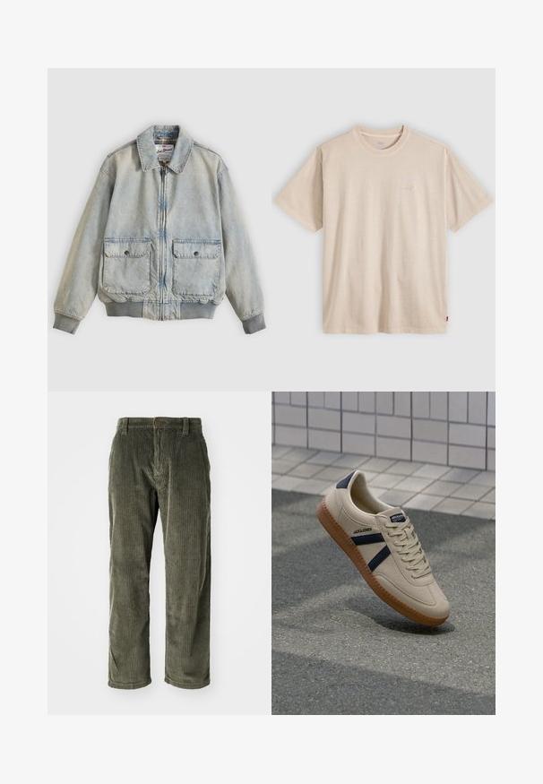 Hellblaue Jeansjacke mit Reißverschluss vorne, zwei Vordertaschen, gerippten Bündchen und Kragen. Mit kariertem Futter. Lässiges Design.; Beige T-Shirt mit kurzen Ärmeln und Rundhalsausschnitt, mit dezentem Levi’s-Logo auf der Brust und kleinem rotem Etikett an der Seitennaht.; Olivgrüne Cordhosen mit vertikalen Rippungen, ausgestattet mit einem Knopfverschluss und einem geraden Schnitt. Weicher Stoff mit klassischer Passform.; Beige Sneaker mit strukturierter Oberfläche, dunkelblauen Streifen und Gummisohle. Verfügt über eine gepolsterte Zunge und ein traditionelles Schnürsystem für einen sicheren Sitz.