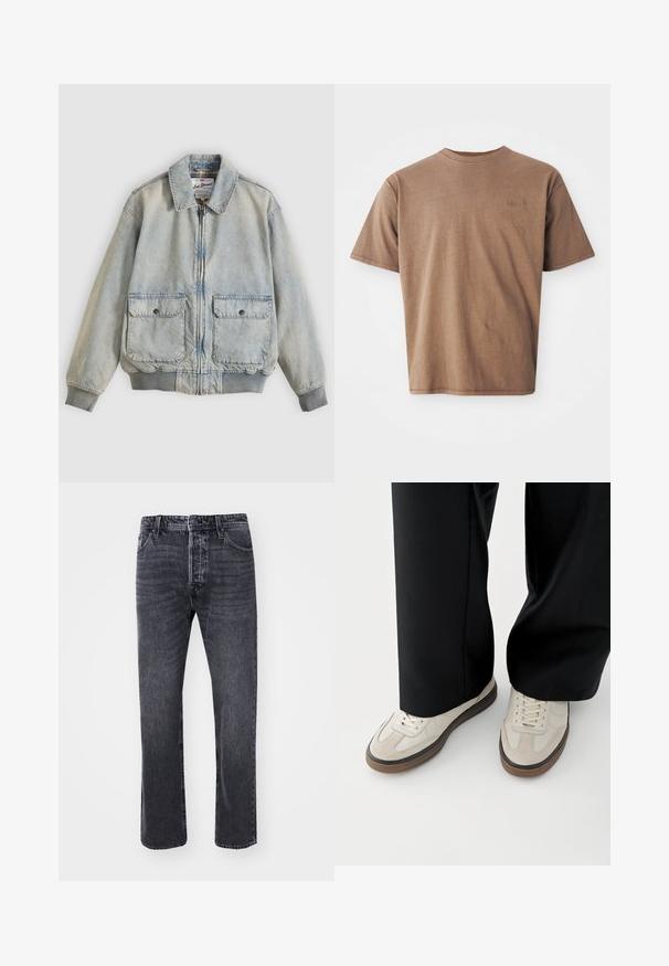 Lyseblå denimjakke med lynlås foran, to forlommer, ribstrikkede manchetter og krave. Har etternetterneture med ternet foer. Casual design.; Brun bomulds t-shirt med rund hals, korte ærmer og et diskret broderet logo på venstre brystområde. Glat tekstur, afslappet pasform.; Sorte denim jeans med lige pasform, der har fem lommer, knaplukning og subtile falmninger på stoffet.; Fødder iført beige sneakers med brune såler og sorte bukser med vide ben på hvid baggrund.