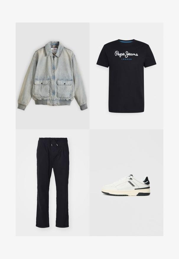 Ανοιχτό μπλε denim μπουφάν με φερμουάρ μπροστά, δύο μπροστινές τσέπες, ριμπ μανσέτες και γιακά. Διαθέτει εσωτερική φόδρα με καρό σχέδιο. Casual σχεδιασμός.; Μαύρο βαμβακερό T-shirt με λευκό λογότυπο "Pepe Jeans" με μπλε λεπτομέρεια, στρογγυλή λαιμόκοψη και κοντά μανίκια. Απλός, συμπαγής σχεδιασμός.; Μαύρο, ελαφρύ παντελόνι με ελαστική μέση και κορδόνι. Έχει χαλαρή εφαρμογή, πτυχώσεις και μανσέτες. Φτιαγμένο από αναπνέον υλικό.; Λευκό αθλητικό παπούτσι χαμηλού προφίλ με μαύρες λεπτομέρειες, κρεμ σόλα, κορδόνια και το κείμενο "Jeans Pepe" στο πλαϊνό πάνελ.