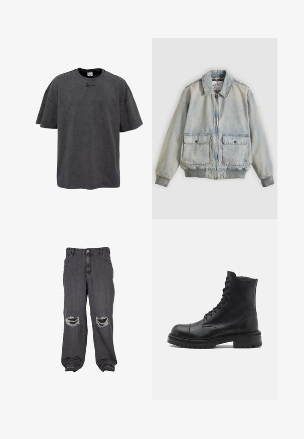 Lichtblauwe spijkerjasje met een ritssluiting aan de voorkant, twee voorzakken, geribbelde manchetten en een kraag. Voorzien van een ruitvoering. Casual ontwerp.; Grijze oversized t-shirt van een katoenmix, met een ronde hals en korte mouwen. Het heeft een subtiele geborduurde logo op de borst.; Zwarte denim jeans met een ontspannen pasvorm, voorzien van twee grote scheuren op de knieën, taps toelopende boorden en een klassieke knoopsluiting.; AllSaints HANK - Veterboots - black