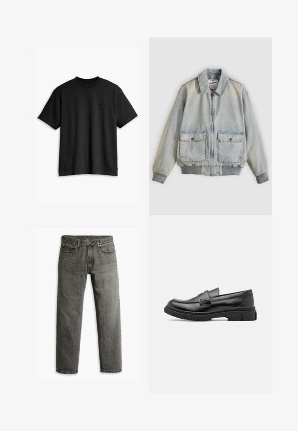 Ανοιχτό μπλε denim μπουφάν με φερμουάρ μπροστά, δύο μπροστινές τσέπες, ριμπ μανσέτες και γιακά. Διαθέτει εσωτερική φόδρα με καρό σχέδιο. Casual σχεδιασμός.; Μαύρο βαμβακερό T-shirt με στρογγυλή λαιμόκοψη και κοντά μανίκια. Διαθέτει ένα διακριτικό λογότυπο μπροστά και ίσια τελειώματα. Απλός και μινιμαλιστικός σχεδιασμός.; Γκρι τζιν παντελόνι με ίσια γραμμή, κλασικό στιλ πέντε τσεπών και διακριτές λεπτομέρειες ραφής στις ραφές και τις τσέπες.; Μαύρος δερμάτινος λουστρίνι με φαρδύ λουρί στη μπροστινή πλευρά, καουτσούκ σόλα με χοντρές τρέχουσες και λεία υφή. Κλασικός, κομψός σχεδιασμός.