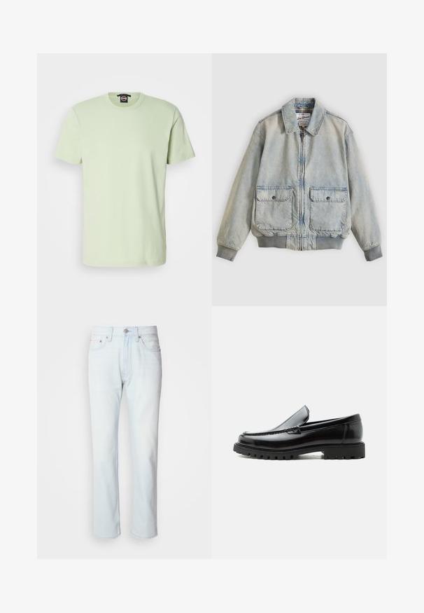 Hellblaue Jeansjacke mit Reißverschluss vorne, zwei Vordertaschen, gerippten Bündchen und Kragen. Mit kariertem Futter. Lässiges Design.; Hellgrünes Baumwoll-T-Shirt mit kurzen Ärmeln, klassischem Rundhalsausschnitt, glatter Textur und ohne sichtbare Muster oder Akzente.; Hellblaue Jeans mit geradem Bein. Verfügt über einen Knopfverschluss und Gürtelschlaufen, präsentiert eine ausgebleichte Textur und minimale Nähte.; Schwarzer Lederloafer mit grober Gummisohle, genähter Oberseite und geprägtem Markennamen an der Ferse, seitlich auf weißem Hintergrund gezeigt.