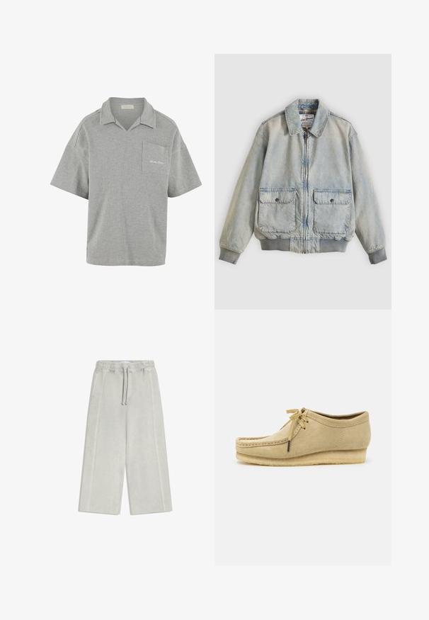 Veste en denim bleu clair avec fermeture éclair à l'avant, deux poches avant, poignets côtelés et col. Doublure à carreaux. Design décontracté.; Polo shirt gris à manches courtes en tissu texturé, doté d'un col, d'une poche poitrine et d'un subtil logo brodé sur la poche.; Pantalon ample gris clair avec taille élastique et cordon de serrage, poches avant et détails de coutures visibles sur fond blanc.; Chaussure en daim beige avec un design à lacets, des détails cousus et une semelle en caoutchouc. La forme est décontractée avec un léger talon compensé.