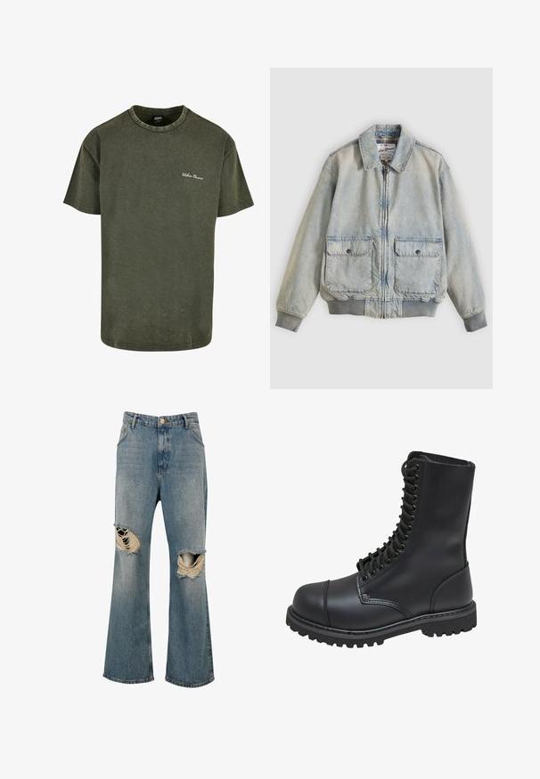 Ανοιχτό μπλε denim μπουφάν με φερμουάρ μπροστά, δύο μπροστινές τσέπες, ριμπ μανσέτες και γιακά. Διαθέτει εσωτερική φόδρα με καρό σχέδιο. Casual σχεδιασμός.; Ελαιόχρωμο βαμβακερό μπλουζάκι με κοντά μανίκια, στρογγυλή λαιμόκοψη και υποκείμενη φθαρμένη υφή. Διαθέτει λευκή κέντημα "Urban Classics" στο στήθος.; Μπλε τζιν τζιν με φαρδιά μπατζάκια και μεγάλες σχισμένες τρύπες και στα δύο γόνατα που δείχνουν ξεφτισμένα άκρα και λευκές κλωστές.; Μαύρο δερμάτινο στρατιωτικό μποτάκι με ψηλό άξονα, κορδόνια μπροστά, μαλακή επένδυση στον αυχένα και λευκή αντιολισθητική σόλα για καλύτερη πρόσφυση. Διαθέτει ενισχυμένο καπάκι στα δάχτυλα.