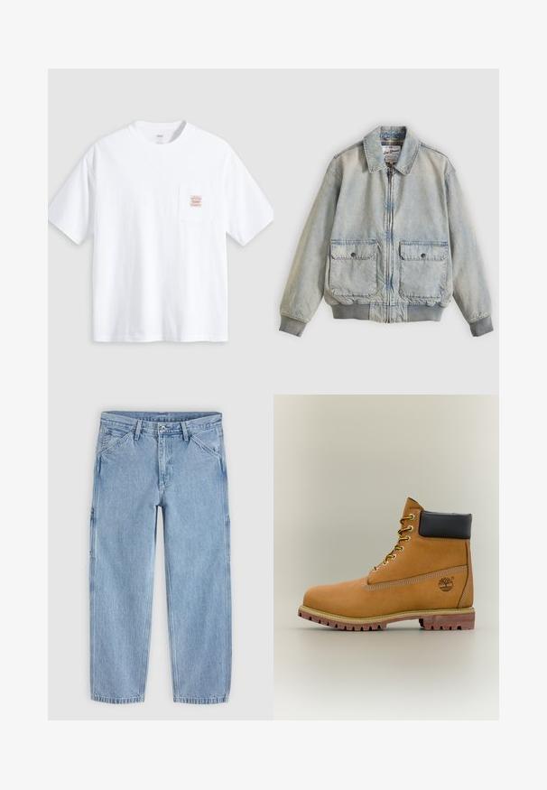 Hellblaue Jeansjacke mit Reißverschluss vorne, zwei Vordertaschen, gerippten Bündchen und Kragen. Mit kariertem Futter. Lässiges Design.; Weißes T-Shirt mit kurzen Ärmeln und Rundhalsausschnitt sowie einer kleinen Brusttasche vorne mit einem beige-roten rechteckigen Label.; Hellblaue Jeans mit geradem Bein, vorderem Knopf, Reißverschluss, Gürtelschlaufen und schrägen Vordertaschen auf einfarbigem Hintergrund.; Brauner Leder-Stiefelette mit schwarzem Kragen, gelben Schnürsenkeln und hellbrauner Sohle. Verfügt über ein Logo und weiße Ziernähe. Robuste Profilsohle.