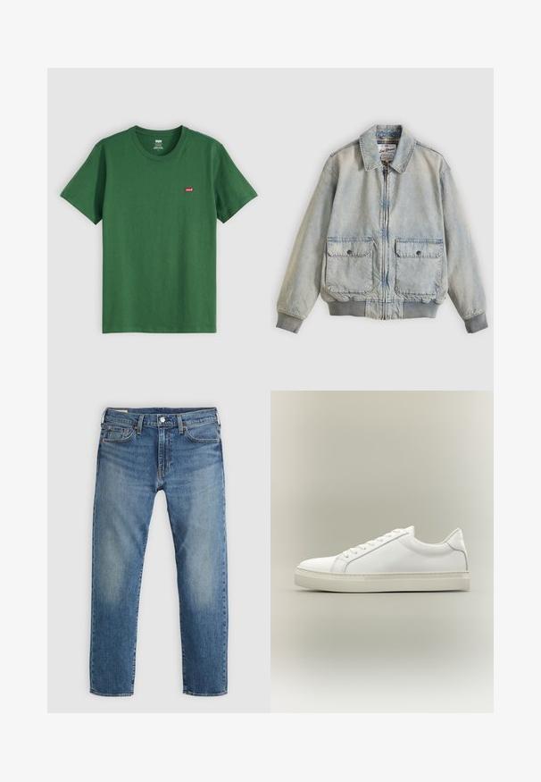 Hellblaue Jeansjacke mit Reißverschluss vorne, zwei Vordertaschen, gerippten Bündchen und Kragen. Mit kariertem Futter. Lässiges Design.; Grünes Baumwoll-T-Shirt mit Rundhalsausschnitt, kurzen Ärmeln und einem kleinen roten Levi's-Logo auf der linken Brust. Weicher Stoff, normale Passform.; Blaue Denim-Jeans mit geradem Schnitt, die Verfärbungen an den Oberschenkeln aufweisen, fünf Taschen und einen silbernen Knopfverschluss an der Taille haben.; Weißer Sneaker mit niedrigem Schaft, vorn mit Schnürung und dicker Sohle, aus der Seitenansicht vor neutralem Hintergrund.