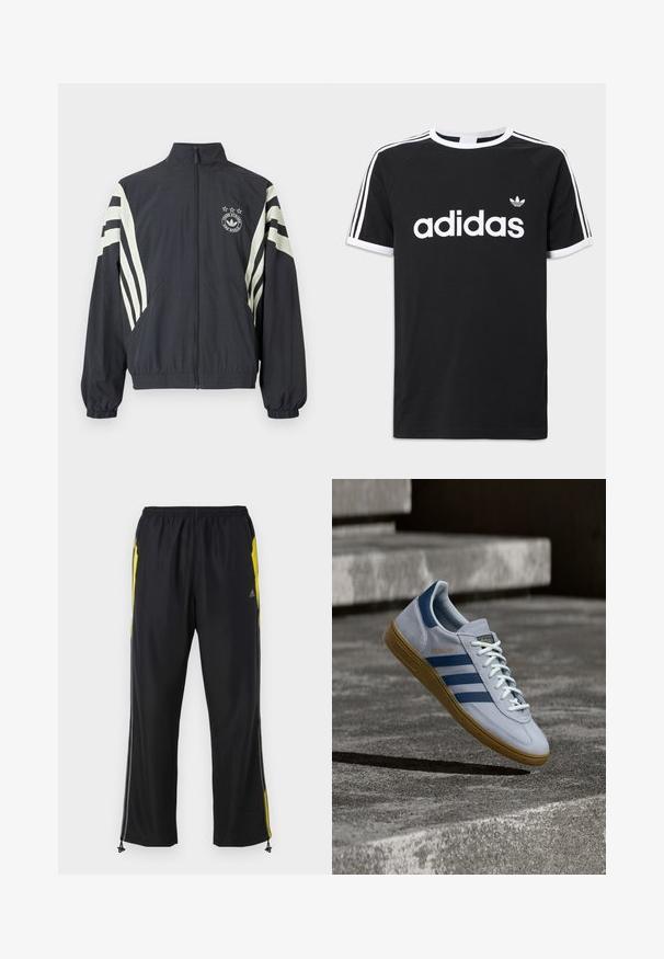 Sort lynlåstrøje med hvide diagonale striber på ærmerne, med et logo og tre stjerner over. Elastiske manchetter og kant. Letvægtsstof.; Sort bomulds-T-shirt med hvid Adidas-logo, tre hvide striber på skuldrene og hvid kant ved halsudskæring og ærmer.; Sorte træningsbukser med gule sideaccenter, elastisk talje og lynlåslommer på siden. Fremstillet af let og glat stof.; Lyseblå Adidas Spezial sneakers med marineblå striber og gummisål, vist i luften over betontrapper i et neutralt udendørsmiljø.