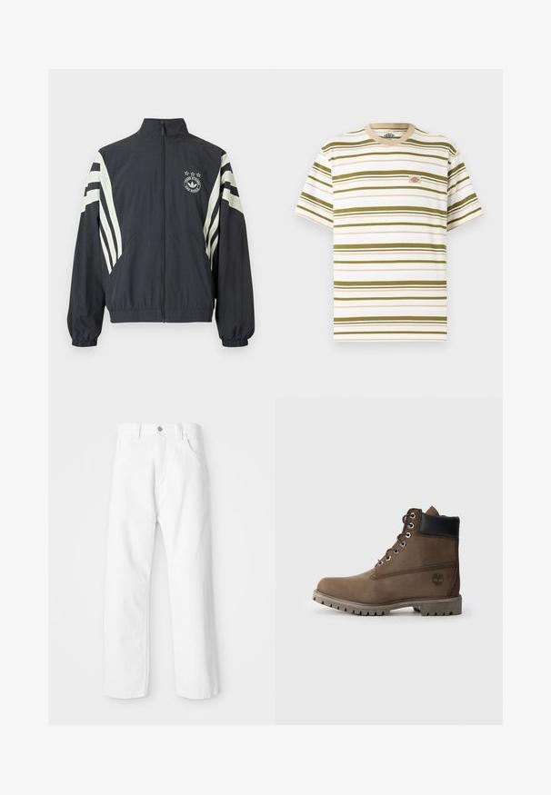 Sort lynlåstrøje med hvide diagonale striber på ærmerne, med et logo og tre stjerner over. Elastiske manchetter og kant. Letvægtsstof.; Hvid t-shirt med korte ærmer med olivengrønne, horisontale striber og et lille rektangulært logopatch på venstre bryst.; Hvide denimbukser med lige ben-design, der har en frontknap og lynlås lukning, fem lommer og en ren, tekstureret overflade.; Brune læder ankelstøvle med sort krave, metaløjer og slidstærk grå sål. Har logo på siden og syet detaljer.