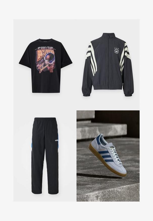 Must zip-up jope valgete diagonaalsete triipudega varrukatel, millel on logo ja selle kohal kolm tähte. Elastsed randmed ja alumine äär. Kerge kangas.; Mustmust värvi T-särk mustas puuvillast, millel on graafiline trükk tekstiga "1972 MAAILMA MEISTRID", kiivri disain ja "Kuna Sajandi Lahing" erksates värvides.; Mustad must ikksad mustad treeningpüksid, millel on elastne vöökoht, külgedel sinised ja valged graafilised detailid ning tikitud logo.; Helehall Adidas Spezial toss tumedasiniste triipude ja kummipõhjaga, kujutatud õhus betooniastmete kohal neutraalses välistingimustes.