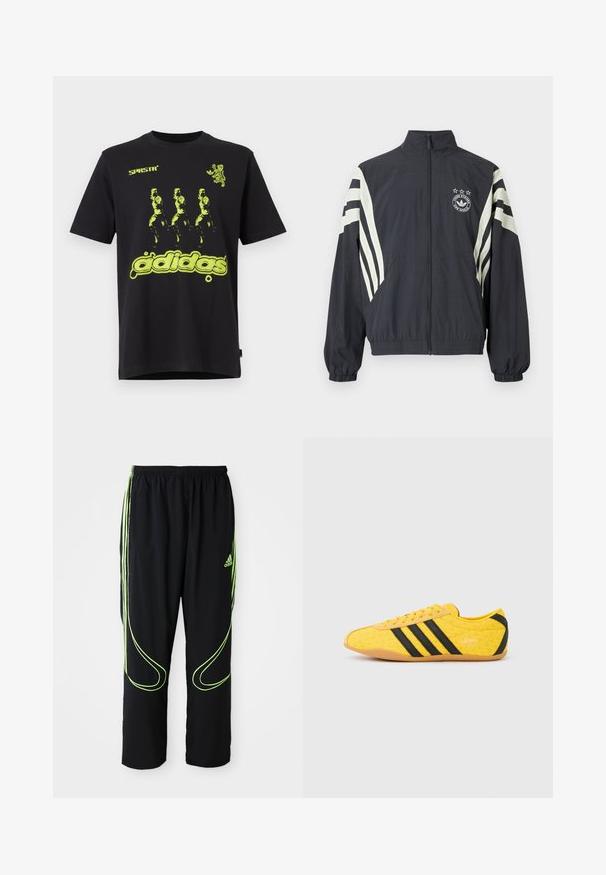Sort lynlåstrøje med hvide diagonale striber på ærmerne, med et logo og tre stjerner over. Elastiske manchetter og kant. Letvægtsstof.; Sort bomulds t-shirt med et lysende grønt grafisk design med tre figurer og "adidas" tekst nederst. Rund hals stil.; Sorte Adidas sportbukser med neongrønne buede linjer og tre striber på siderne, elastisk livrem og Adidas-logo på forsiden af låret.; Gul atletiksko med en tekstureret overdel, der har sorte striber og logo. Rundt tå, blød sål og zigzag-mønster på materialet.
