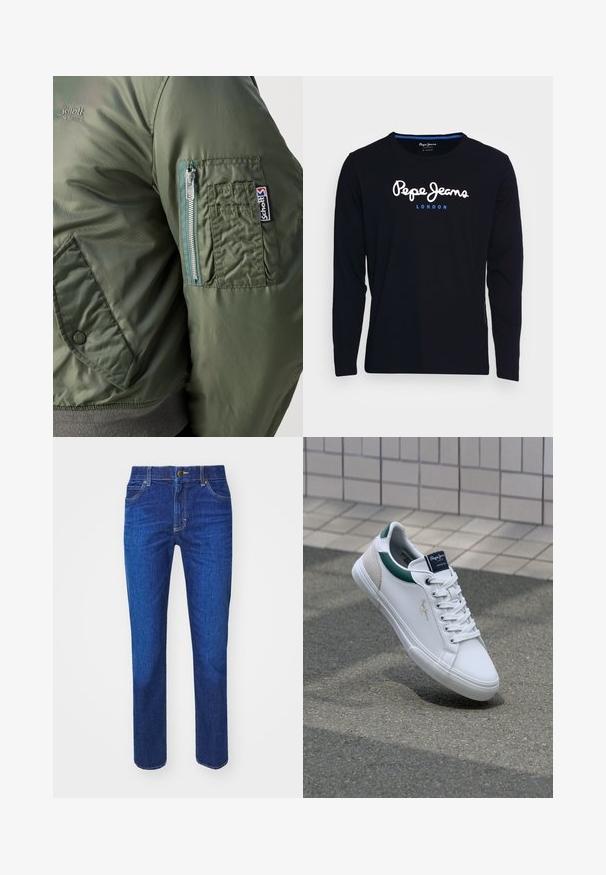 Grüne Bomberjacke mit glatter, glänzender Textur, ausgestattet mit einer Reißverschlusstasche auf dem linken Ärmel und einem sichtbaren Logopatch.; Schwarzes Langarm-T-Shirt aus Baumwollstoff, mit dem weißen und blauen Logo-Text "Pepe Jeans London" centriert auf der Brust.; Dunkelblaue Denim-Jeans mit gerader Passform, Fünf-Taschen-Design und goldenen Nähten. Verfügt über einen vorderen Knopfverschluss und Gürtelschlaufen.; Weiße Leder-Sneaker mit grünen und beigen Akzenten, die über eine strukturierte Sohle, eine runde Schuhspitze und ein traditionelles Schnürdesign verfügen.