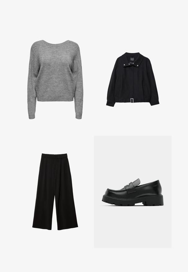 Veste courte noire en mélange de laine ; dotée d'un large col, de boutons-pression, de deux poches latérales et d'un détail de boucle de ceinture rectangulaire.; Pull en maille gris doux avec manches longues, encolure ronde, et poignets et ourlet côtelés, présenté de face sur un fond blanc.; Pantalon noir à jambes larges avec passants de ceinture, fermeture à boutons sur le devant et poches latérales, présenté sur fond blanc.; Mocassins en cuir noir avec une semelle épaisse et texturée, dotés d'une sangle sur le vamp et d'une finition lisse et polie.